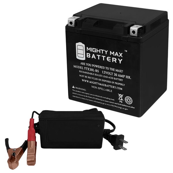 Mighty Max Battery YTX30L-BS Replacement Battery for Polaris 500 Ranger 6x6 99 With 12V 4Amp Charger MAX3946939